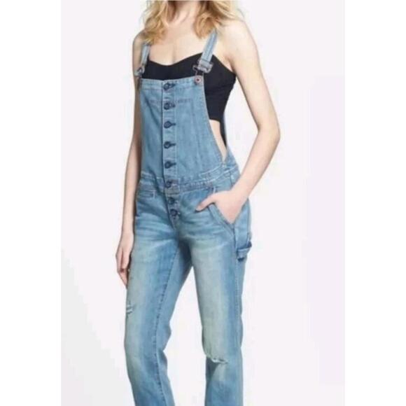 Free People Button Front Size 27 Distressed Overall Denim Color:True Wash #CB9 - Picture 9 of 13